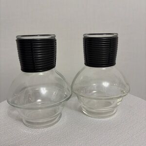 Vintage Glasbake Glass Carafes Set of 2 Heat Resistant Black Ribbed Collar(F92)✨